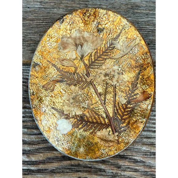 Vintage 1980s Glass Dried real flowers Foil Art Trinket Dish Wall Hanging
